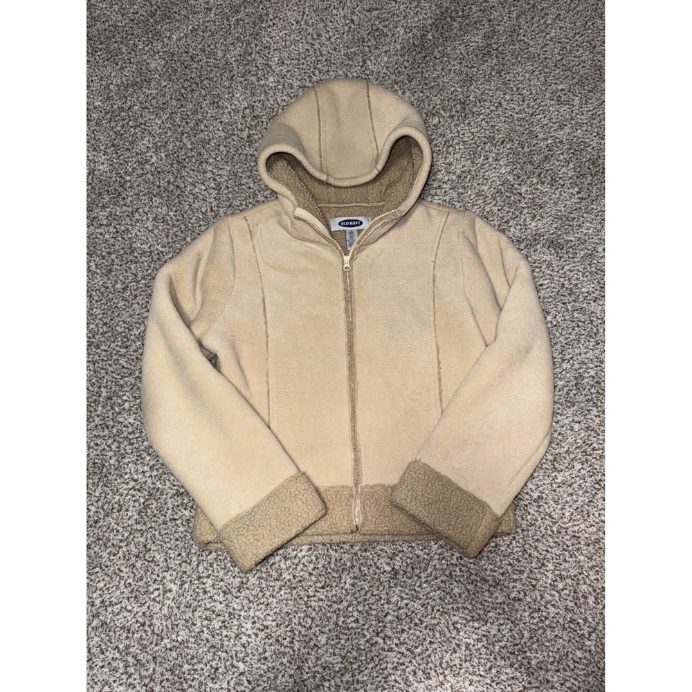 Old Navy Faux Shearling Zip Up Hoodie Jacket Tan Beige Sherpa Lined Vintage M